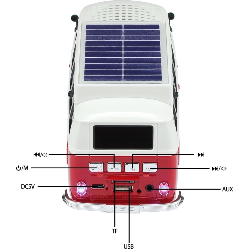 Solar Retro Minibus Bluetooth Speaker Wireless – FM Radio, Solar Charging Wireless Speaker TWS Stereo, HD Sound, LED Party Lights, Hands Free Link,