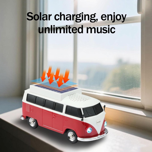 Solar Retro Minibus Bluetooth Speaker Wireless – FM Radio, Solar Charging Wireless Speaker TWS Stereo, HD Sound, LED Party Lights, Hands Free Link,