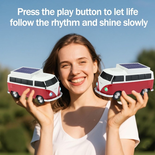Solar Retro Minibus Bluetooth Speaker Wireless – FM Radio, Solar Charging Wireless Speaker TWS Stereo, HD Sound, LED Party Lights, Hands Free Link,