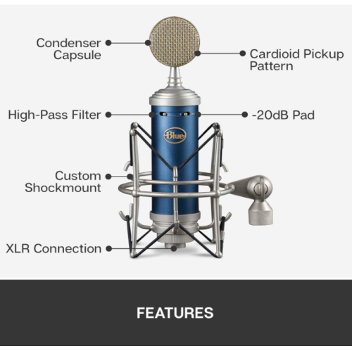 Refurbished - Logitech Blue Bluebird SL XLR Cardioid Condenser Microphone for Pro Recording, Streaming, Podcasting, Gaming, with Shockmount - Blue