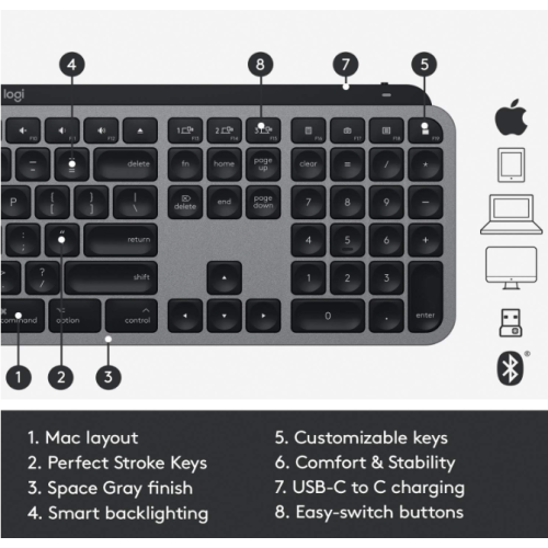 Remis à neuf - Clavier rétroéclairé sans fil MX Keys Advanced de Logitech pour Mac, touches LED rétroéclairées, Bluetooth, USB-C, construction en
