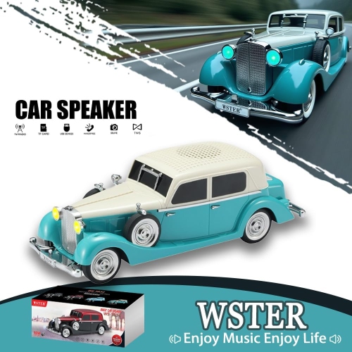 Réplique de haut-parleur Bluetooth pour voiture classique – Son HD sans fil avec radio FM, stéréo TWS, lumières de fête LED, microphone mains libres