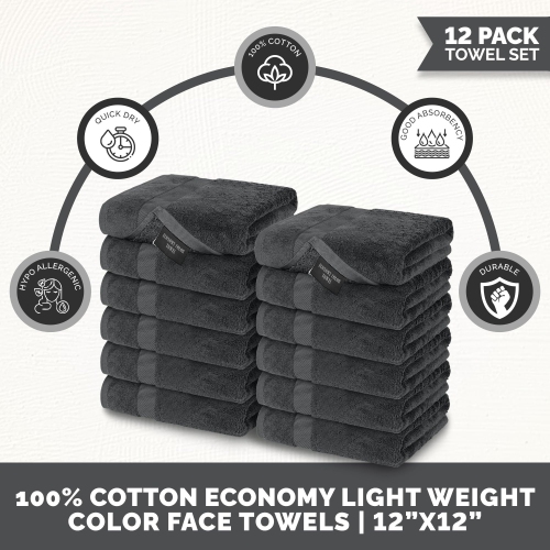Canadian Linen Grey Washcloth Set 12”x12”, 12 Pack 100% Cotton Absorbent Quick Dry Economy Face Wash Cloths for Kitchen, Cleaning, Spa, Salon, Barber