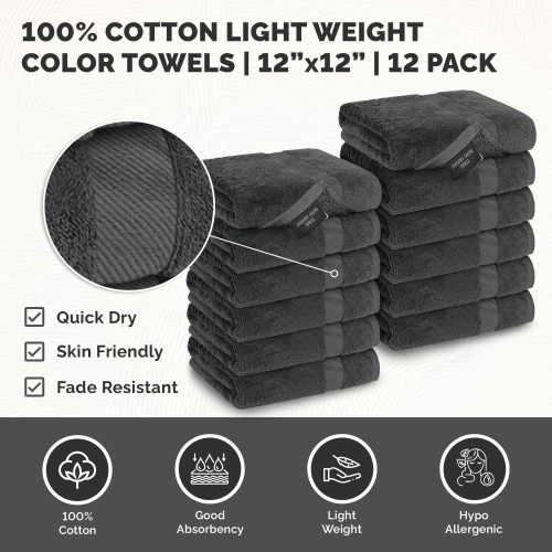 Canadian Linen Grey Washcloth Set 12”x12”, 12 Pack 100% Cotton Absorbent Quick Dry Economy Face Wash Cloths for Kitchen, Cleaning, Spa, Salon, Barber