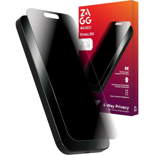 ZAGG Glass Elite Privacy 360 Screen Protector for iPhone 16 Pro Max – 4-Way Privacy, Ultra-Strong Tempered Glass, 5X Stronger, InvisibleShield,