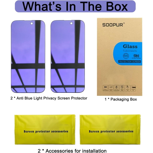 SOOPUR [2 Pack] Blue-Light Blocking Privacy Screen Protector for iPhone 14 Pro Max, Anti-Spy Anti-Blue Light Eye Protection Tempered Glass Film