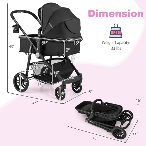 Babyjoy 2 In 1 Foldable Baby Stroller Kids Travel Newborn Infant Buggy Pushchair Gray/Black/Coffee/Pink