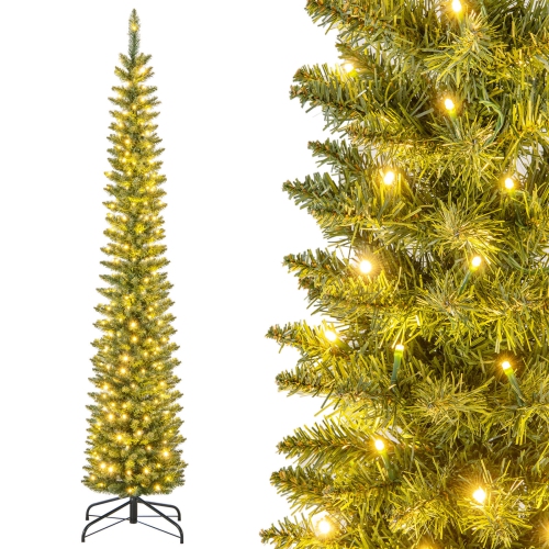 Costway 5/6/7/99 FT Pre-Lit Pencil Christmas Tree with 400 LED Lights & 699 Branch Tips Party