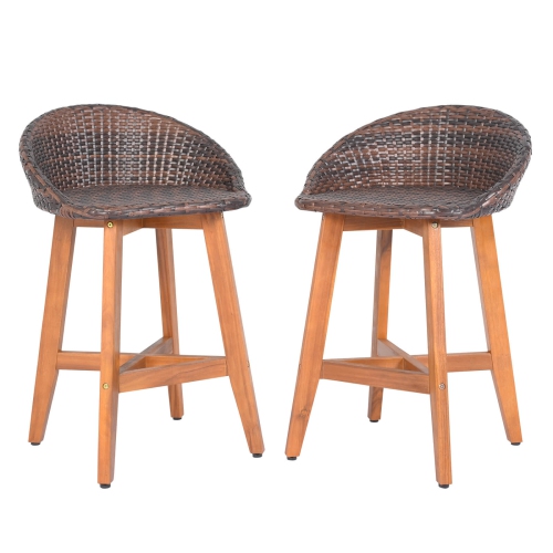 Costway Outdoor Faux Rattan Bar Chairs Set of 2/4 Solid Acacia Wood Bar Stools for Porch Brown/Gray