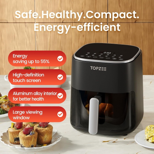 TOPZEE Air Fryer 12-in-1 with 5.5 QT Large Capacity, Compact Air Fryer, 100-400℉ Precise Heat, 360°Hot Air Circulation, 95% Less Oil, Bake, Dry,