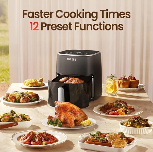 TOPZEE Air Fryer 12-in-1 with 5.5 QT Large Capacity, Compact Air Fryer, 100-400℉ Precise Heat, 360°Hot Air Circulation, 95% Less Oil, Bake, Dry,