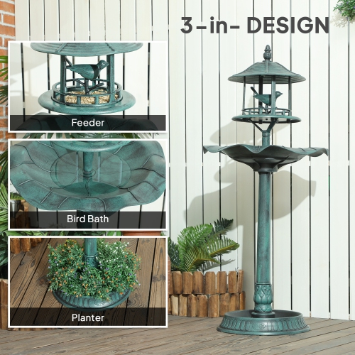 Outsunny 3-in-1 Garden Bird Bath Bowl Pedastal with Bird Feeder, Large Water Basin, & Underneath Flower Planter, Green