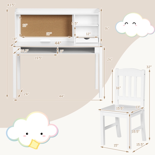 Costway Kids Desk & Chair Set Study Writing Desk w/ Hutch & Bookshelves