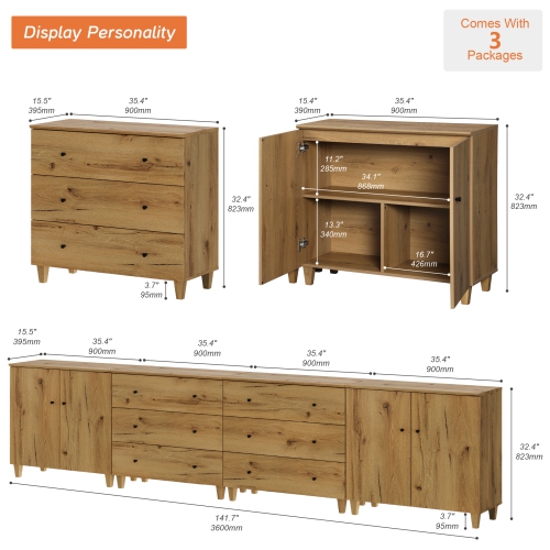 WAMPAT 4-in-1 Sideboard Buffet Cabinet with 4 Doors & 6 Drawers, 142" Modern Credenza Storage Cabinet, Coffee Bar Server Table with Storage for