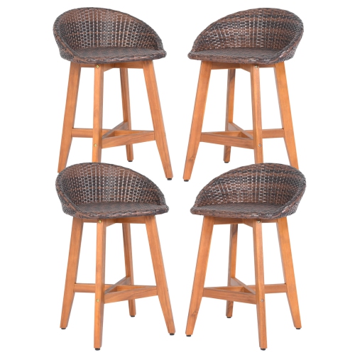 Ensemble de tabourets de bar en bois d'acacia massif de 2/4 pour l'extérieur avec chaises de bar en rotin synthétique de Costway pour brun/gris