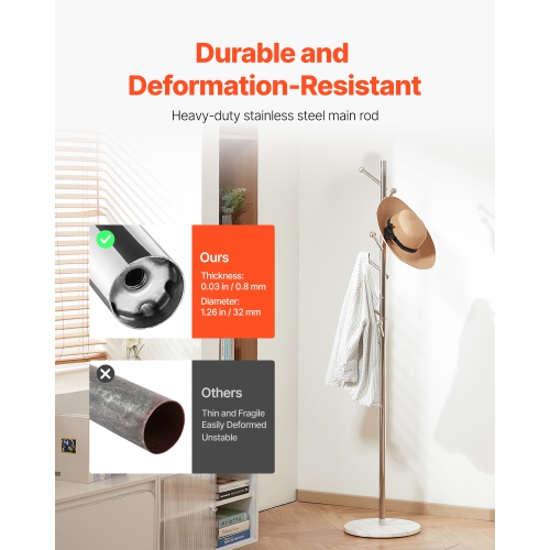 VEVOR 8 Hooks Coat Rack, Freestanding Coats Rack Stand with Stable Marble Base, Free Standing Hall Coat Tree for Entryway, Bedroom, Office, Living