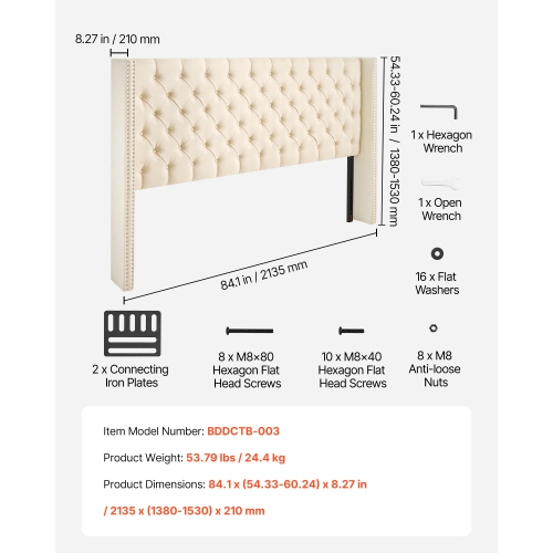 VEVOR King Size Headboard, Headboard with Adjustable Height, Comfortable Diamond Tufted for King Size Bed, W84.1 x H x D 8.27 in, Ideal for Bedroom,