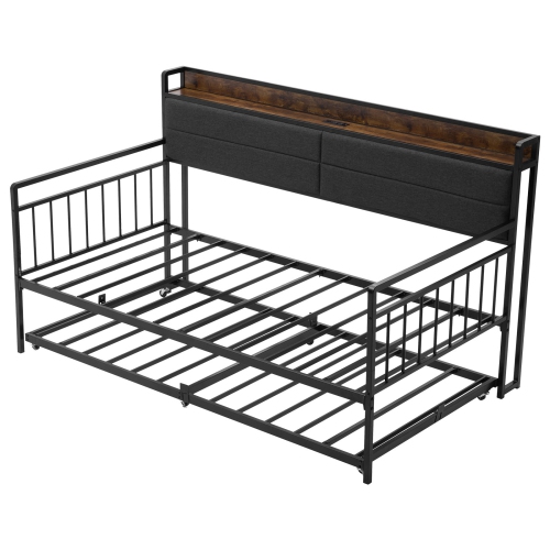 VEVOR  Twin Size Daybed Frame, Day Bed \w Trundle, Heavy Duty Metal Platform Bed Frame \w Charging Station, Twin Daybed \w Metal Slats Support For