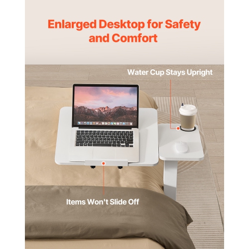VEVOR Overbed Table, Mobile Bed Side Table with Flip Desktop and 4 Hidden Wheels, Height & Angle Adjustable Rolling Laptop Desk with Cup Holder,