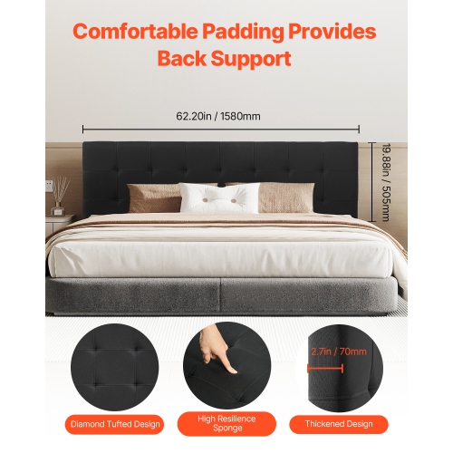 VEVOR Queen Size Headboard, Headboard with Adjustable Height, Comfortable Diamond Tufted for Queen Size Bed, W62.2 x H(42.72-54.53) x D2.76 in, Ideal