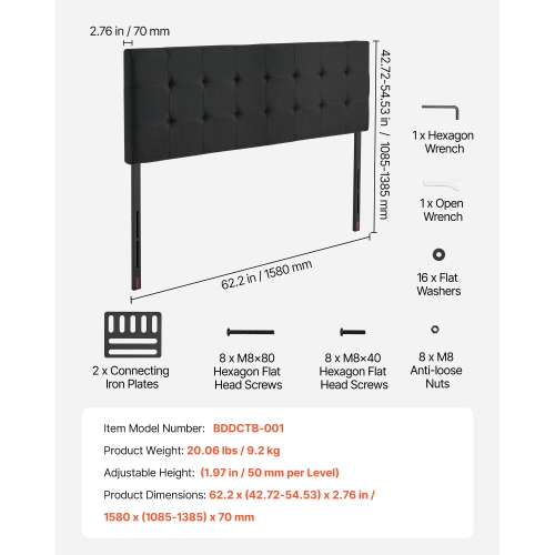VEVOR Queen Size Headboard, Headboard with Adjustable Height, Comfortable Diamond Tufted for Queen Size Bed, W62.2 x H(42.72-54.53) x D2.76 in, Ideal
