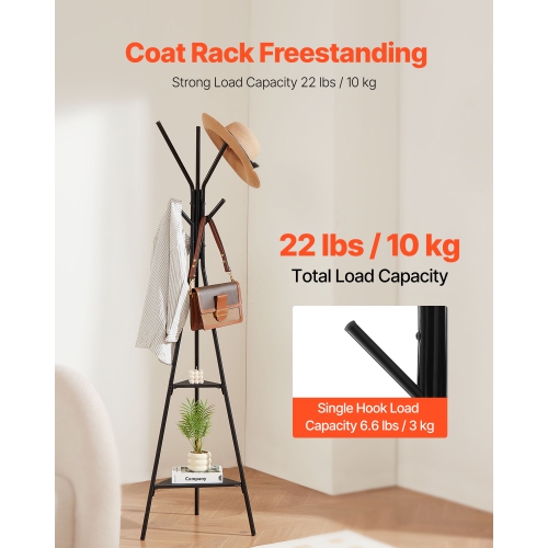 VEVOR 6 Hooks Coat Rack, Freestanding Coats Rack Stand with 2 Shelves, Free Standing Hall Coat Tree for Entryway, Bedroom, Living Room, Modern