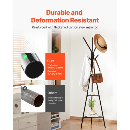 VEVOR 6 Hooks Coat Rack, Freestanding Coats Rack Stand with 2 Shelves, Free Standing Hall Coat Tree for Entryway, Bedroom, Living Room, Modern