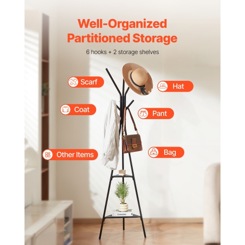 VEVOR 6 Hooks Coat Rack, Freestanding Coats Rack Stand with 2 Shelves, Free Standing Hall Coat Tree for Entryway, Bedroom, Living Room, Modern