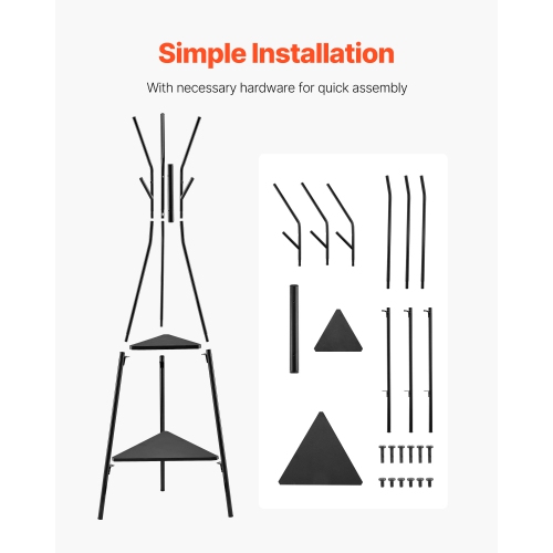 VEVOR 6 Hooks Coat Rack, Freestanding Coats Rack Stand with 2 Shelves, Free Standing Hall Coat Tree for Entryway, Bedroom, Living Room, Modern