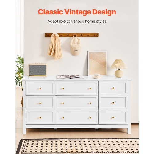 VEVOR 9 Drawer Dresser, Wooden Chest of Drawers with Sliding and Anti-tip Device, Retro Minimalist Dresser Chest, Closet Storage TV Stand Organizer