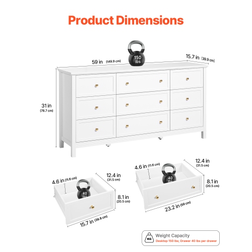 VEVOR 9 Drawer Dresser, Wooden Chest of Drawers with Sliding and Anti-tip Device, Retro Minimalist Dresser Chest, Closet Storage TV Stand Organizer