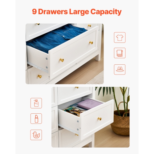 VEVOR 9 Drawer Dresser, Wooden Chest of Drawers with Sliding and Anti-tip Device, Retro Minimalist Dresser Chest, Closet Storage TV Stand Organizer