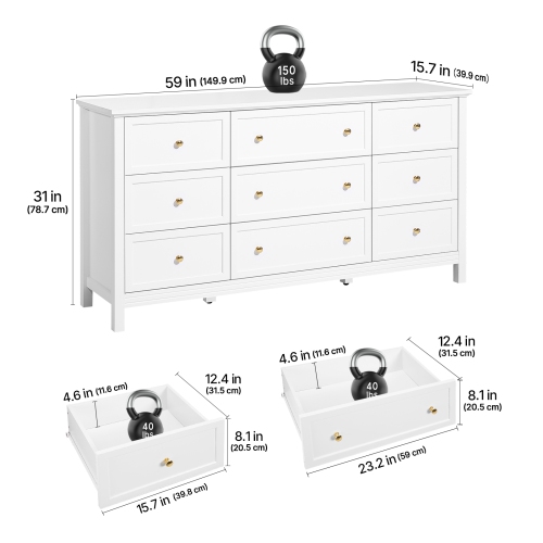 VEVOR 9 Drawer Dresser, Wooden Chest of Drawers with Sliding and Anti-tip Device, Retro Minimalist Dresser Chest, Closet Storage TV Stand Organizer
