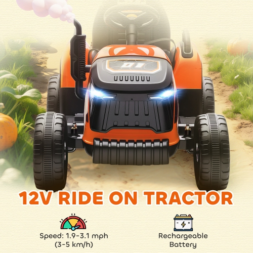 Qaba Kids Ride On Tractor with Trailor, 12V Battery Powered Ride on Car with Remote Control, Music, Lights, Shifter, Electric Vehicle for Kids Ages