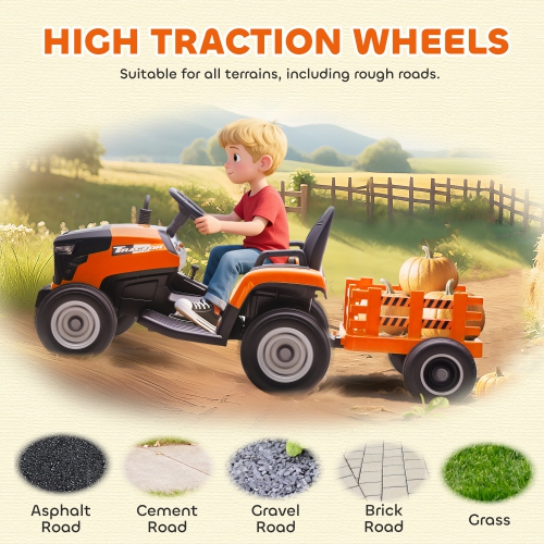 Qaba Kids Ride On Tractor with Trailor, 12V Battery Powered Ride on Car with Remote Control, Music, Lights, Shifter, Electric Vehicle for Kids Ages