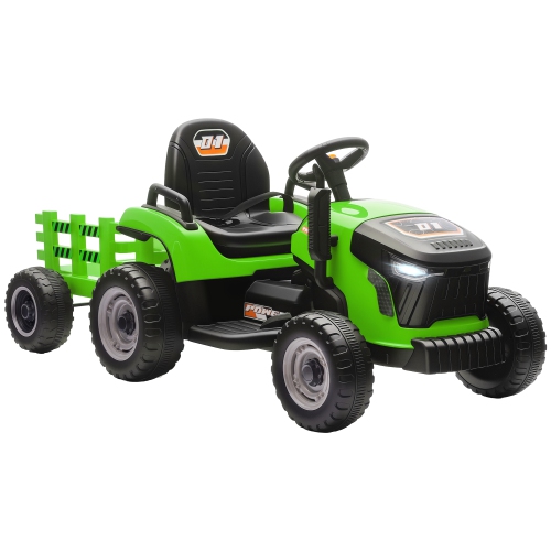 Qaba Kids Ride On Tractor with Trailor, 12V Battery Powered Ride on Car with Remote Control, Music, Lights, Shifter, Electric Vehicle for Kids Ages