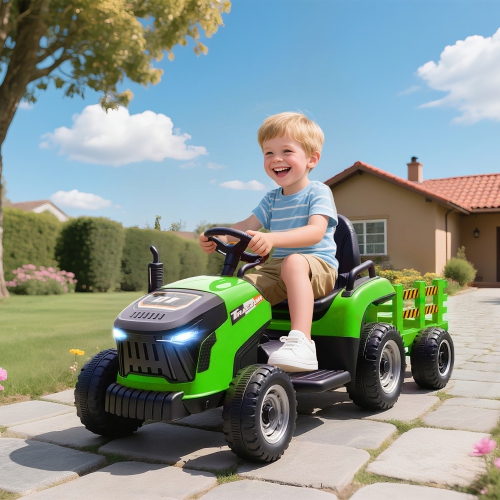 Qaba Kids Ride On Tractor with Trailor, 12V Battery Powered Ride on Car with Remote Control, Music, Lights, Shifter, Electric Vehicle for Kids Ages
