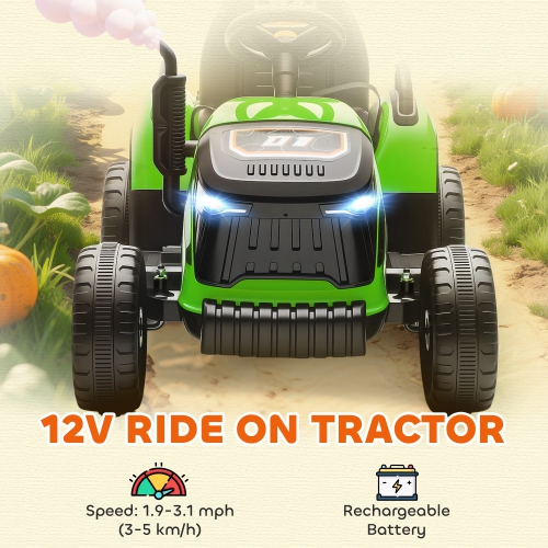 Qaba Kids Ride On Tractor with Trailor, 12V Battery Powered Ride on Car with Remote Control, Music, Lights, Shifter, Electric Vehicle for Kids Ages