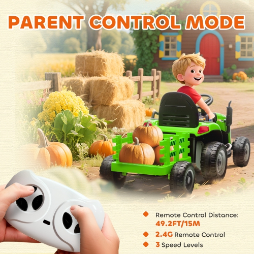 Qaba Kids Ride On Tractor with Trailor, 12V Battery Powered Ride on Car with Remote Control, Music, Lights, Shifter, Electric Vehicle for Kids Ages