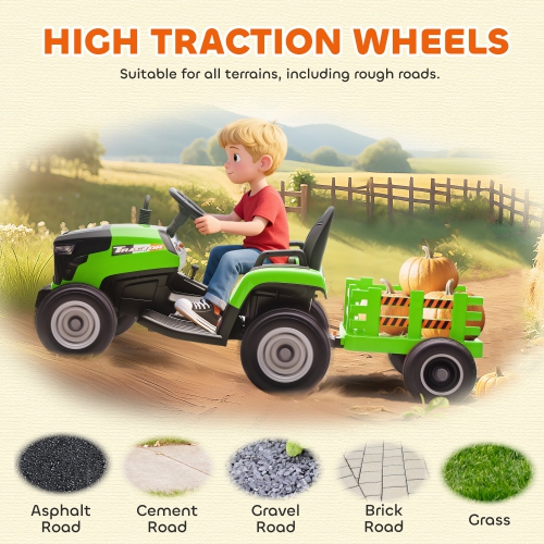 Qaba Kids Ride On Tractor with Trailor, 12V Battery Powered Ride on Car with Remote Control, Music, Lights, Shifter, Electric Vehicle for Kids Ages