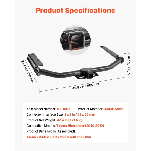 VEVOR Class 3 Trailer Hitch, 2-Inch Receiver, Compatible with 2014-2019 Toyota Highlander, Q345B Steel Tube Frame, Multi-Fit Hitch to Receive Ball