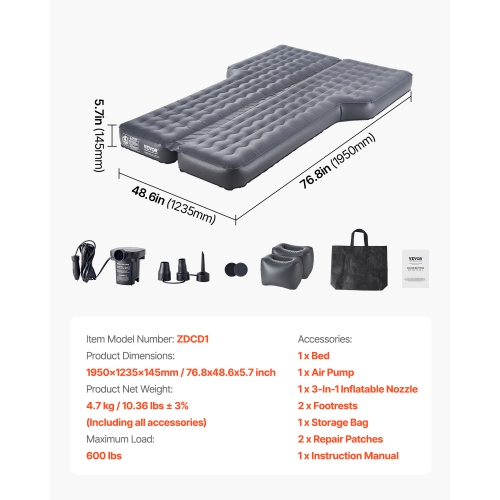 VEVOR Car Air Mattress, Inflatable Car Camping Mattress, Oxford Thickened Travel Beds, Comfortable and Durable Portable Sleeping Pad with Air Pump,