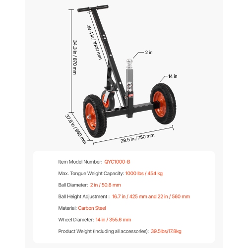 VEVOR Trailer Dolly, 1000lbs Tongue Weight Capacity, Carbon Steel Trailer Mover with 16.7 inch and 22 inch Height Adjustable Trailer Dolly, 2 inch