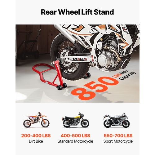 VEVOR 850 LBS Load Motorcycle Rear Wheel Stand,Heavy Duty Rear Wheel Stand with U + L Fork Swingarm Spool,Adjustabe Motorcycle Lift Jack Stand, for