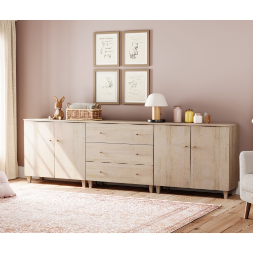 WAMPAT TV Stand for 100+ Inch TVs, 3-in-1 Modern Entertainment Center with 4 Doors and 3 Drawers, 106" Media Console Table with Compartments for