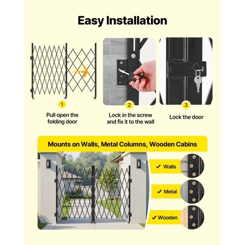 VEVOR 145.67 x 63.19 in Double Folding Security Gate, Lockable Scissor Gate with 360° Swivel Casters, Outdoor Barricade Steel Retractable Gates, for