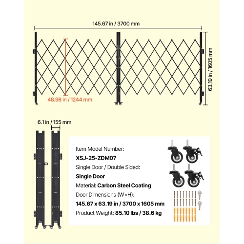 VEVOR 145.67 x 63.19 in Double Folding Security Gate, Lockable Scissor Gate with 360° Swivel Casters, Outdoor Barricade Steel Retractable Gates, for