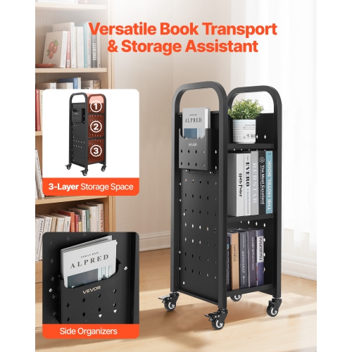 Chariot à livres à roulettes pour bibliothèque VEVOR 220&nbsp;lb, chariot de bibliothèque 12,6 x 13,8 x 36,8&nbsp;po, tablettes en L à un côté avec