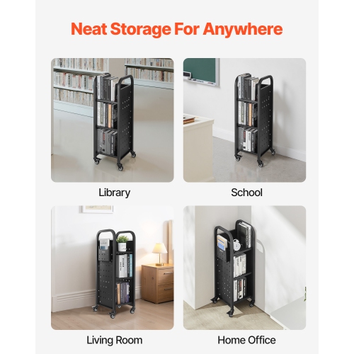 Chariot à livres à roulettes pour bibliothèque VEVOR 220&nbsp;lb, chariot de bibliothèque 12,6 x 13,8 x 36,8&nbsp;po, tablettes en L à un côté avec