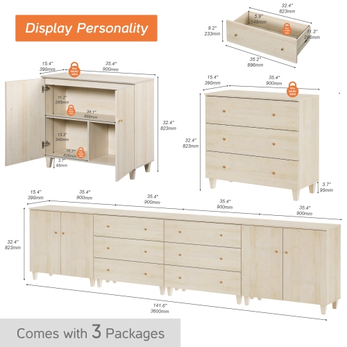 WAMPAT 4-in-1 Sideboard Buffet Cabinet with 4 Doors & 6 Drawers, 142" Modern Credenza Storage Cabinet, Coffee Bar Server Table with Storage for